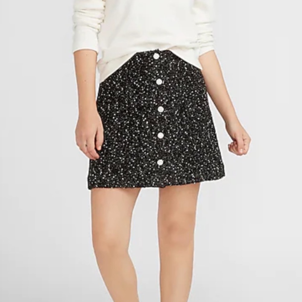 Express tweed jeweled button mini skirt NWT black metallic size 10